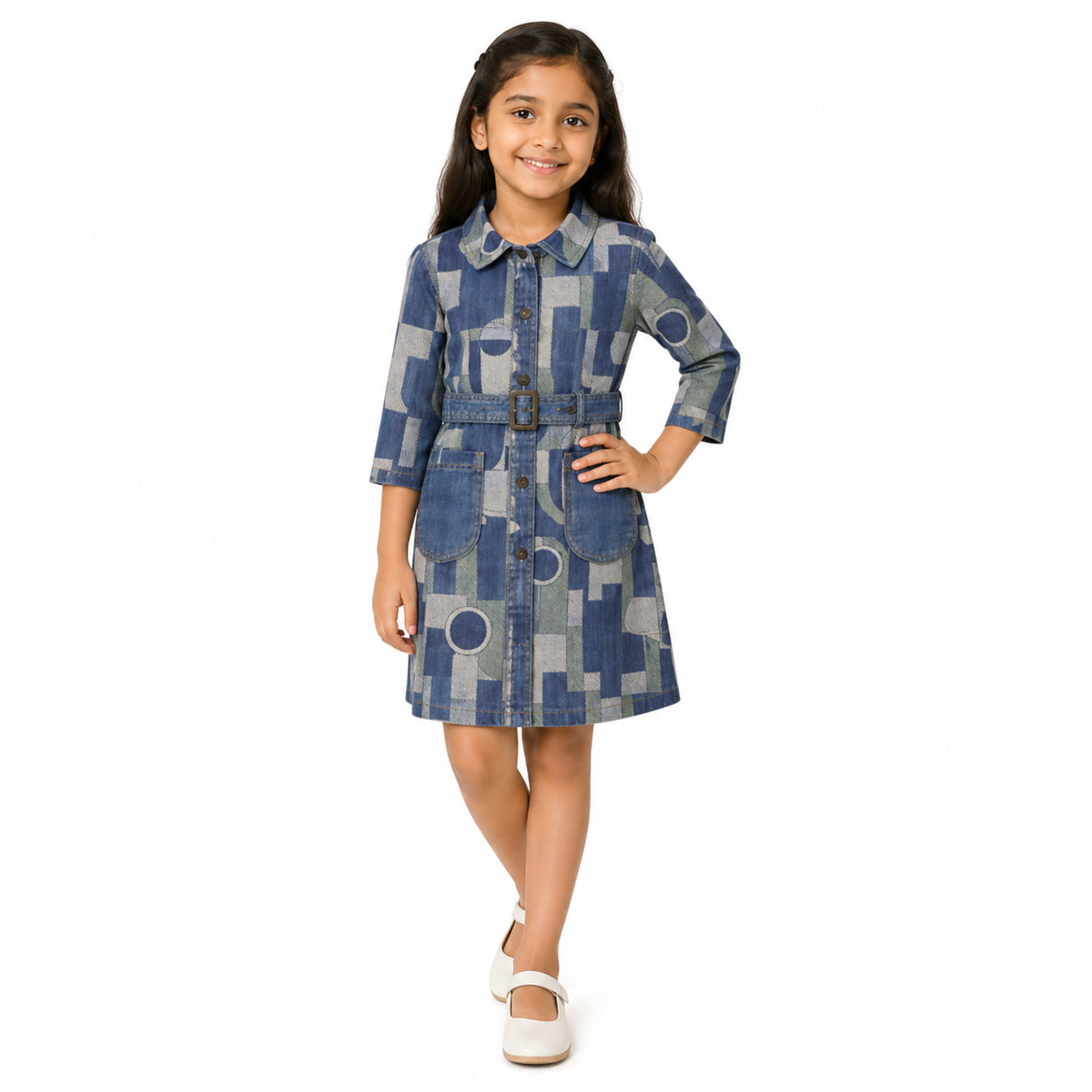 GeoPatch Denim Belted Shirt Dress